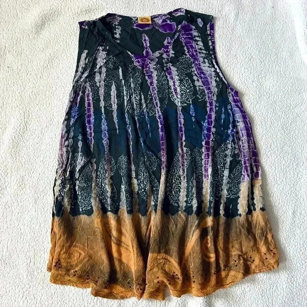 Vintage Boho Sleeveless Tie Dye Tunic Top